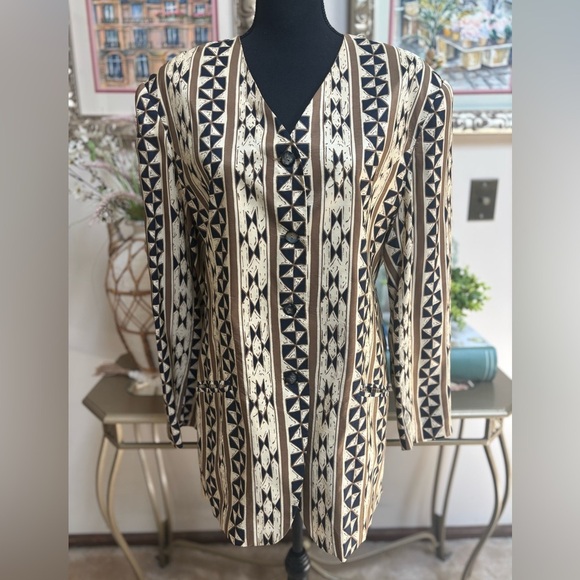 100% SILK VTG. AVATI BLACK & TAN GEOMETRIC ABSTRACT PATTERN LUXURY BLAZER SZ 14 - Picture 3 of 7